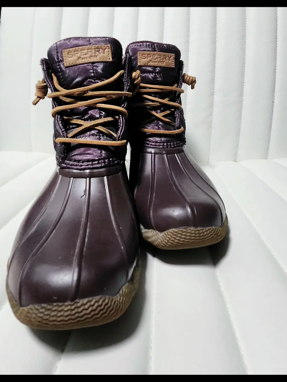 Sperry Purple Duck Boots with Tan Laces